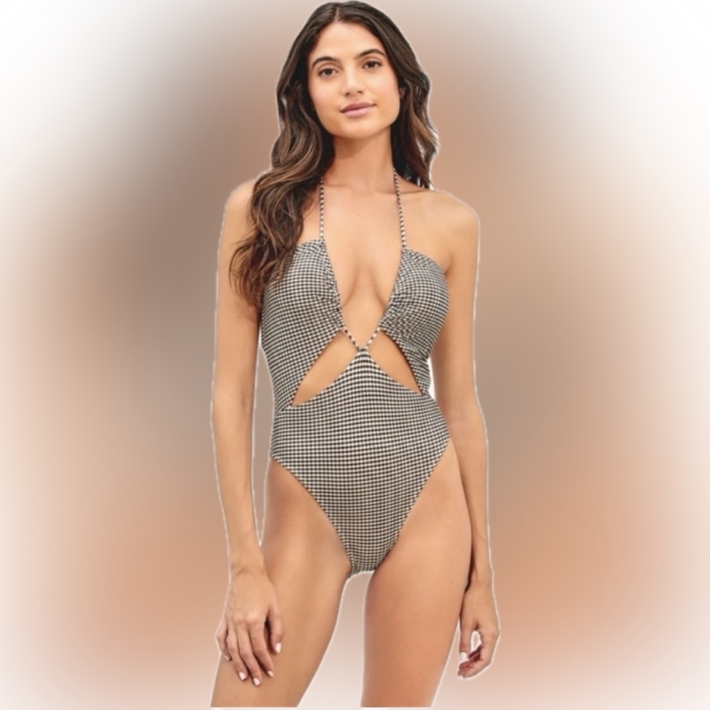 VIX Cutout Gingham Swimsuit Lupita Eve One Piece Plaid Black Off White M NWT